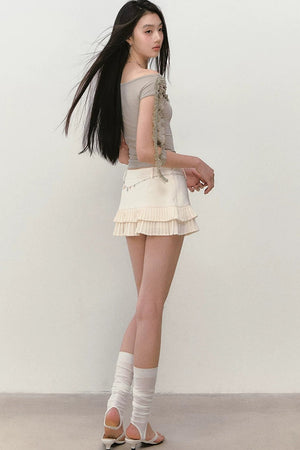 Low-Waist Acetate Pleated Tiered A-Line Skirt
