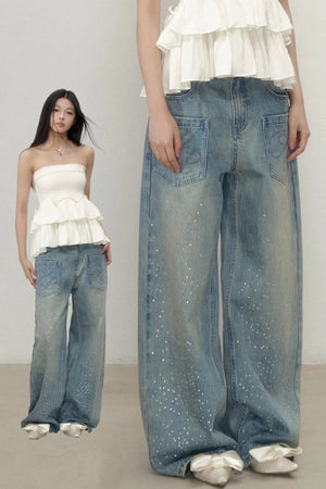 Luxe Rhinestone Wide-Leg Jeans