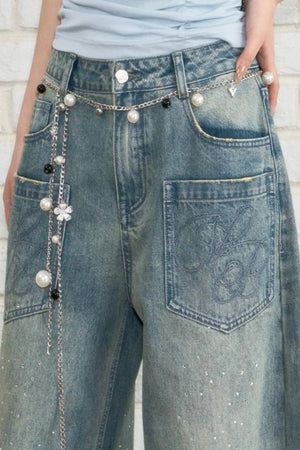 Luxe Rhinestone Wide-Leg Jeans