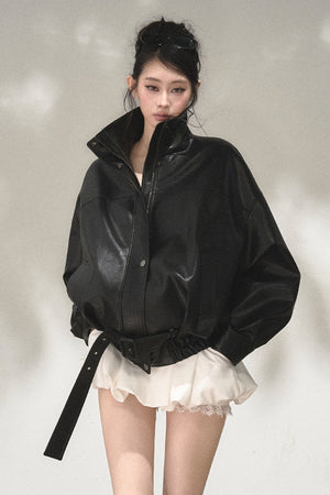 Lychee-Patterned Pu Biker Jacket