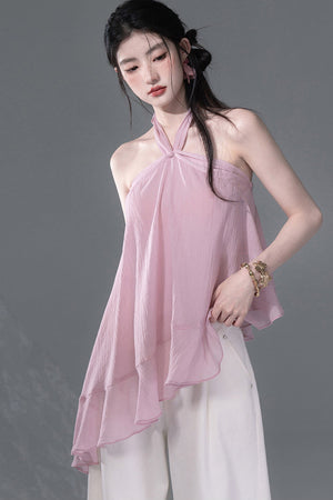 Lyocell Asymmetrical Ruffle Hem Halter Top