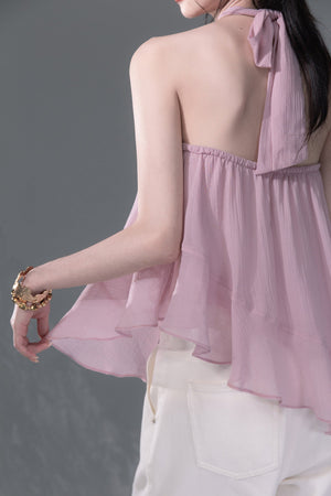 Lyocell Asymmetrical Ruffle Hem Halter Top