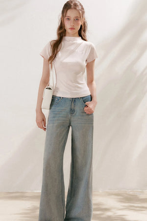 Lyocell Cotton Mock Neck Short Sleeve Top