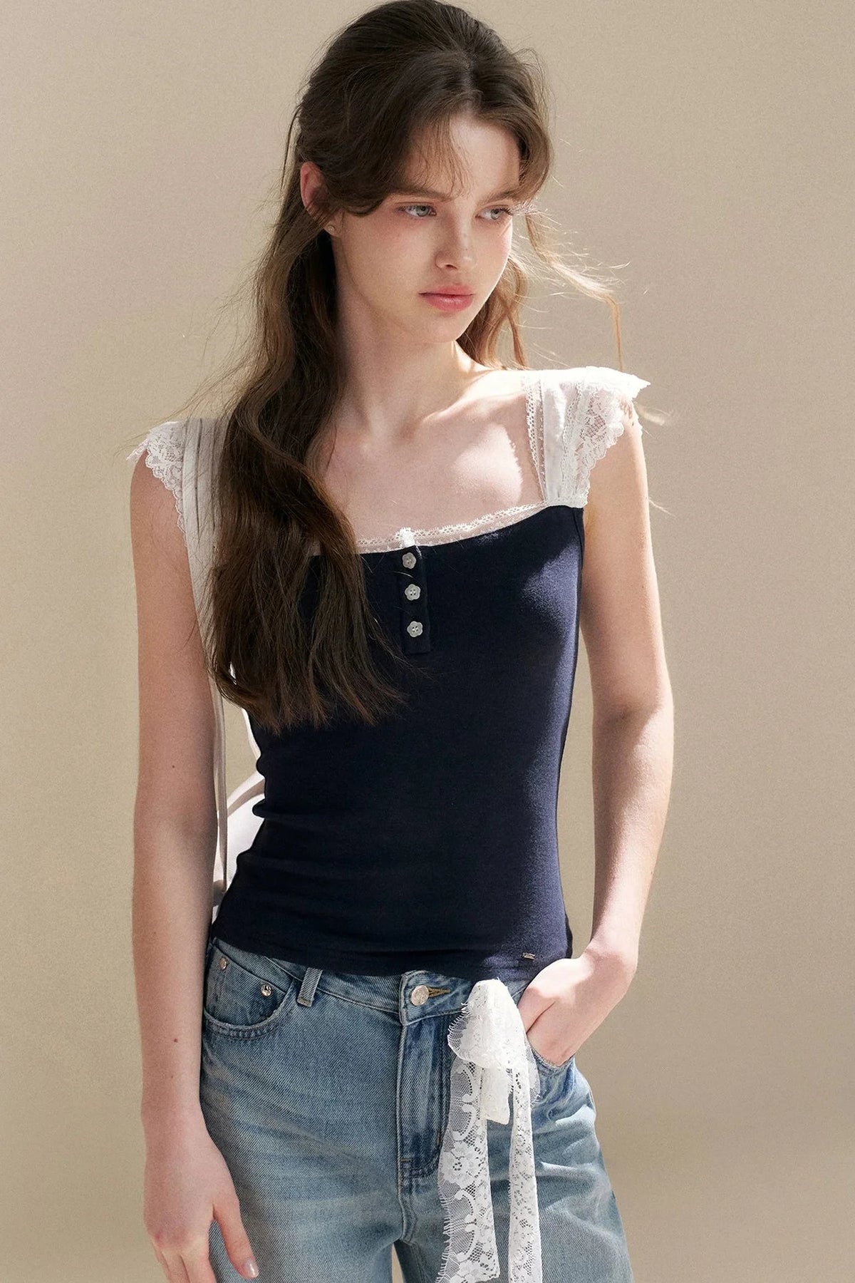 Lyocell Lace Trim Knit Top