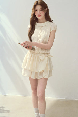 Lyocell Lace Tuck Pleated Half-High Collar Dress