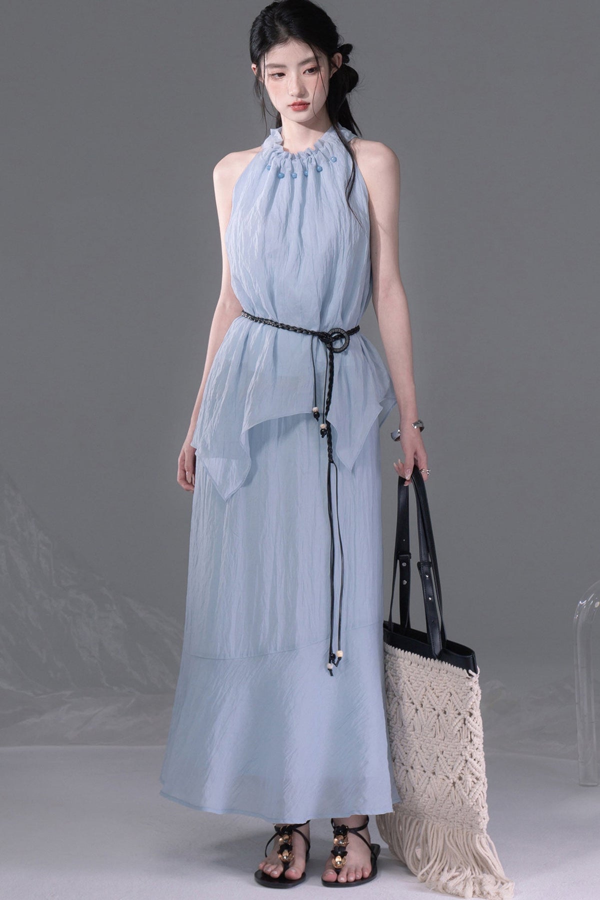 Lyocell Lace-Up Halter Top and Skirt Set
