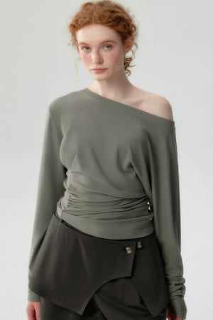 Lyocell Long-Sleeve One-Shoulder Top