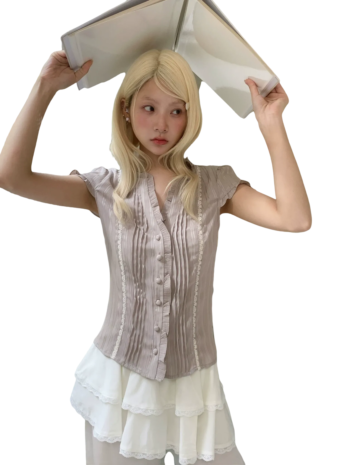 Ruffle Lace Waist-Trim Short Sleeve Shirt