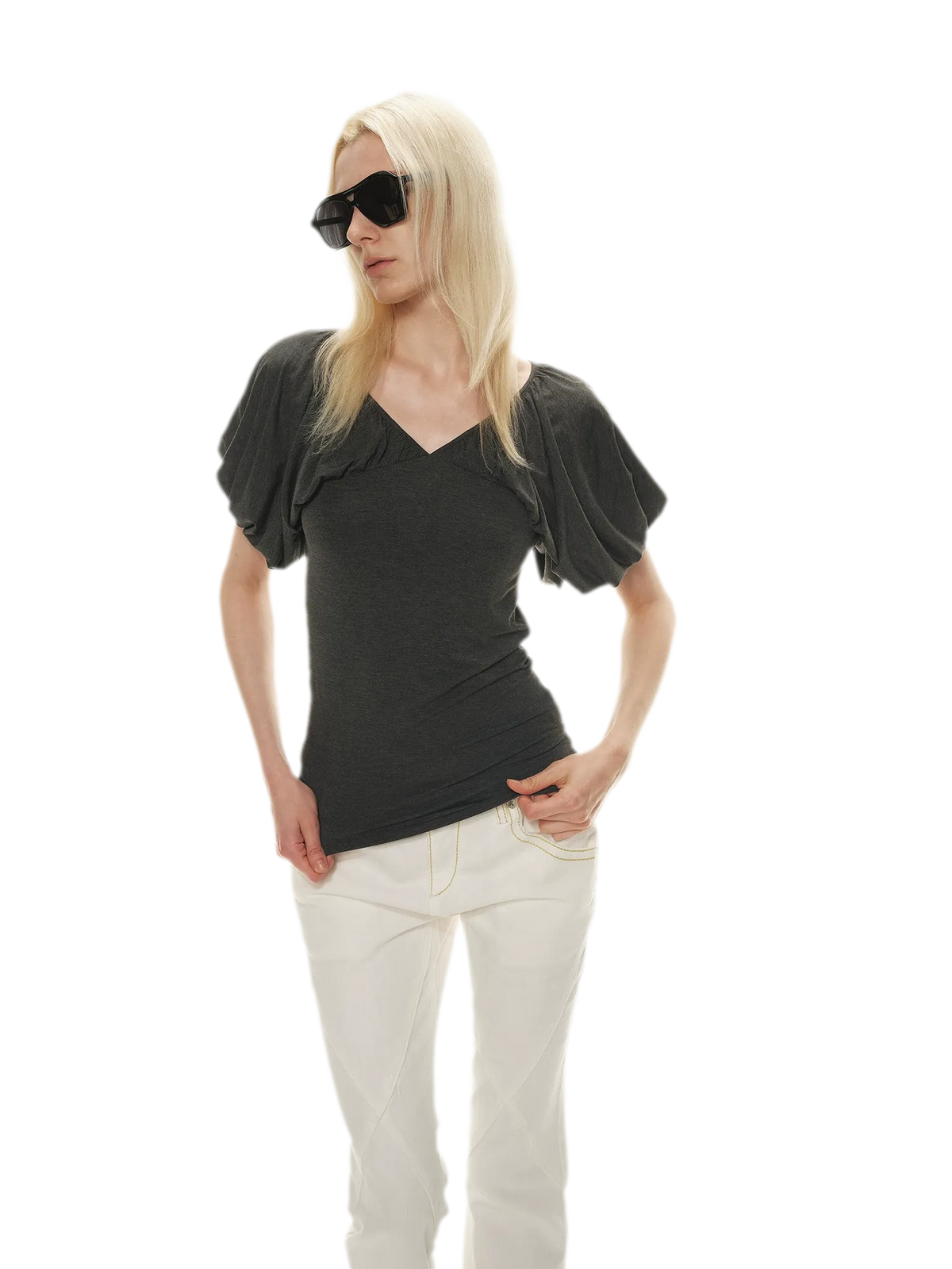 Soft Draped Puff Sleeve V-Neck Slim T-Shirt