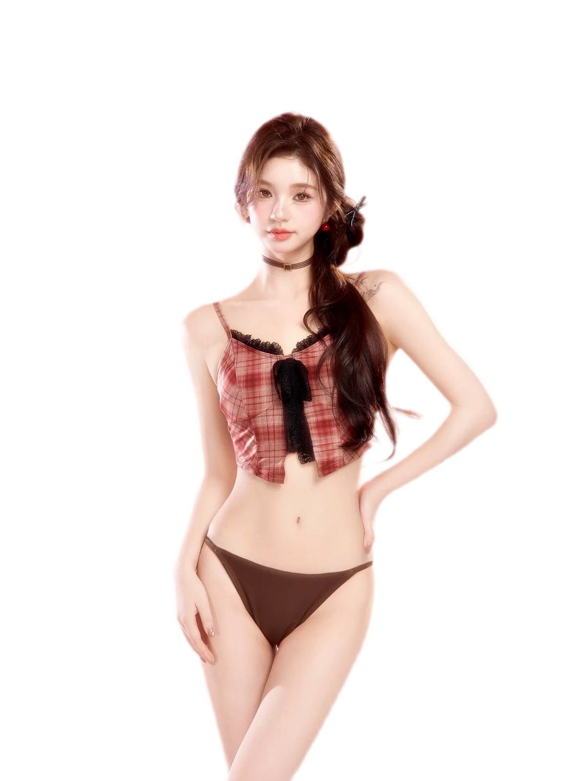 Plaid Lace Trim Bikini Set