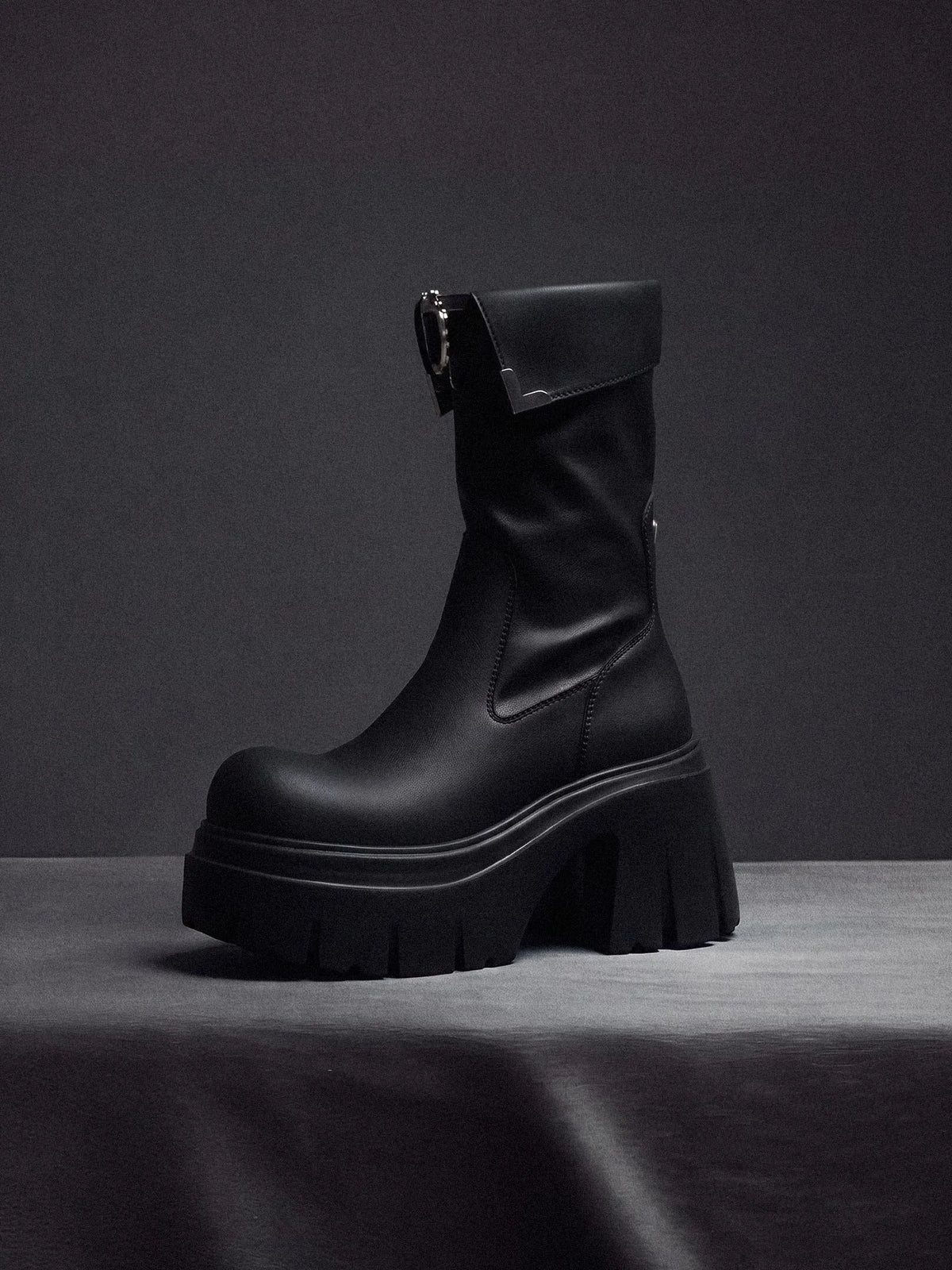 Metallic Strap Platform Mid-Calf Boots