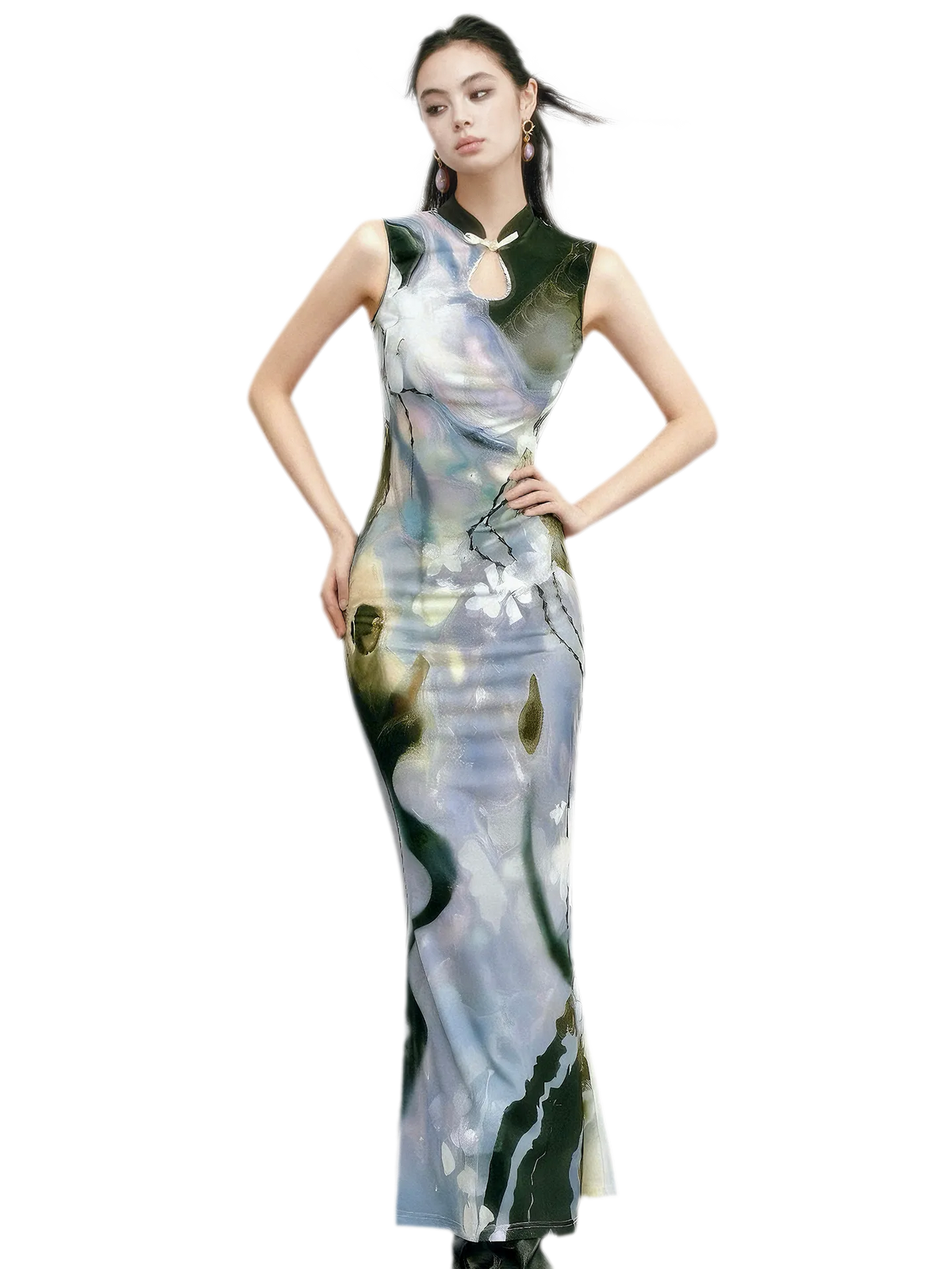 Black Rose Impressionist Print High-Waist Mermaid Dress