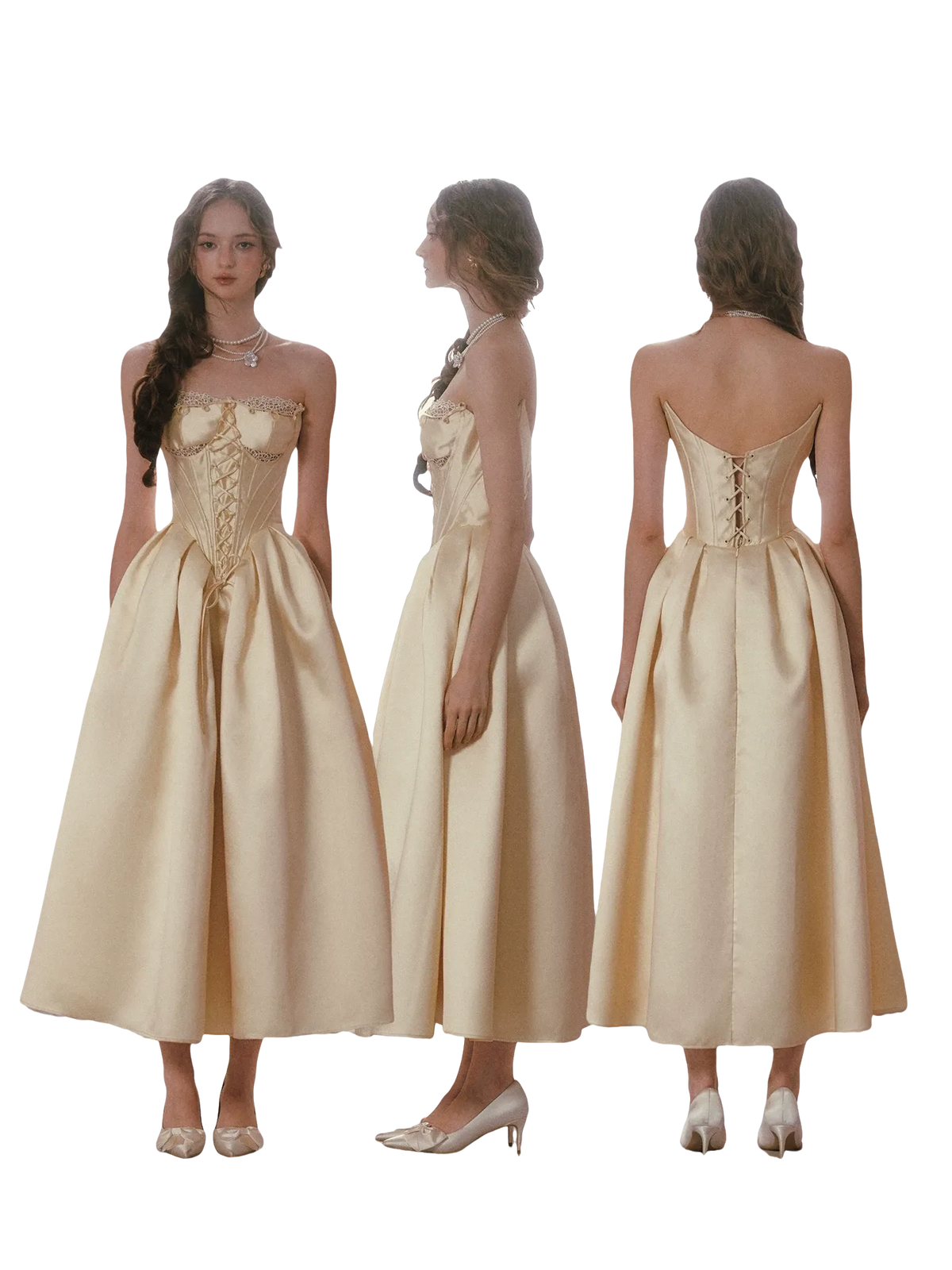 Belle Gold French Satin Lace Corset Dress