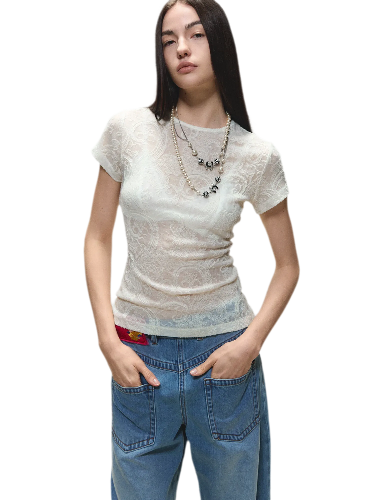 Sheer Wool Lace Paisley Short Sleeve T-shirt