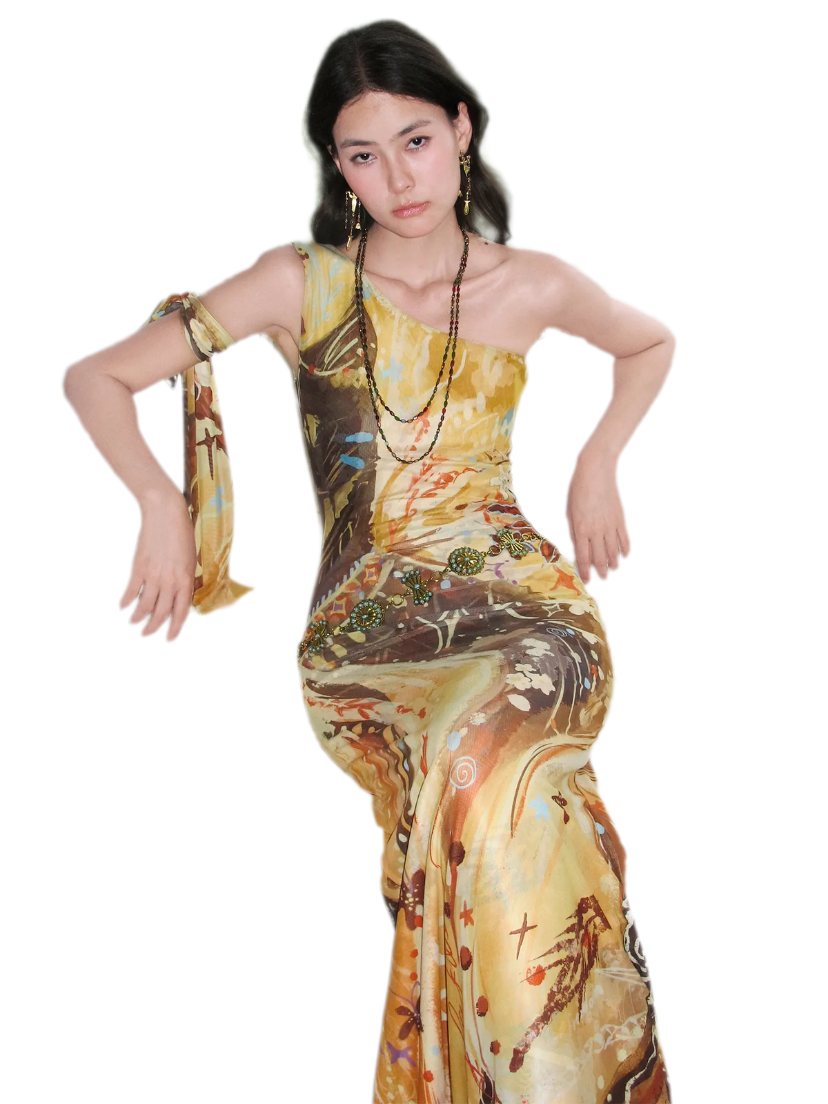 Printed One-Shoulder Fishtail Dress