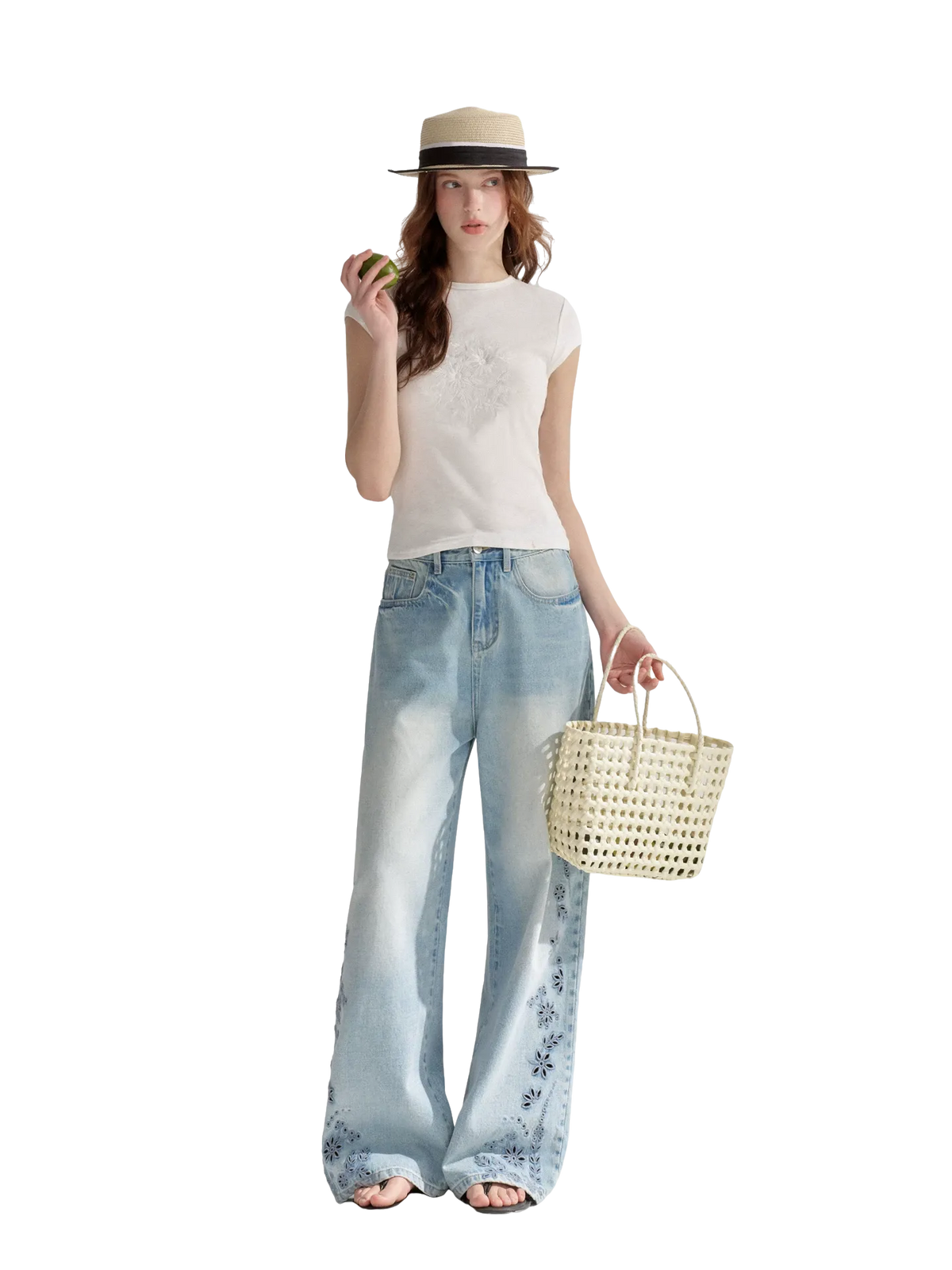 Embroidered Washed Wide-Leg Jeans