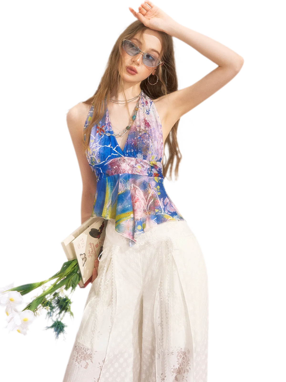 'Calendula Isle' Vacation Style Tie Halter V-Neck Ruffle