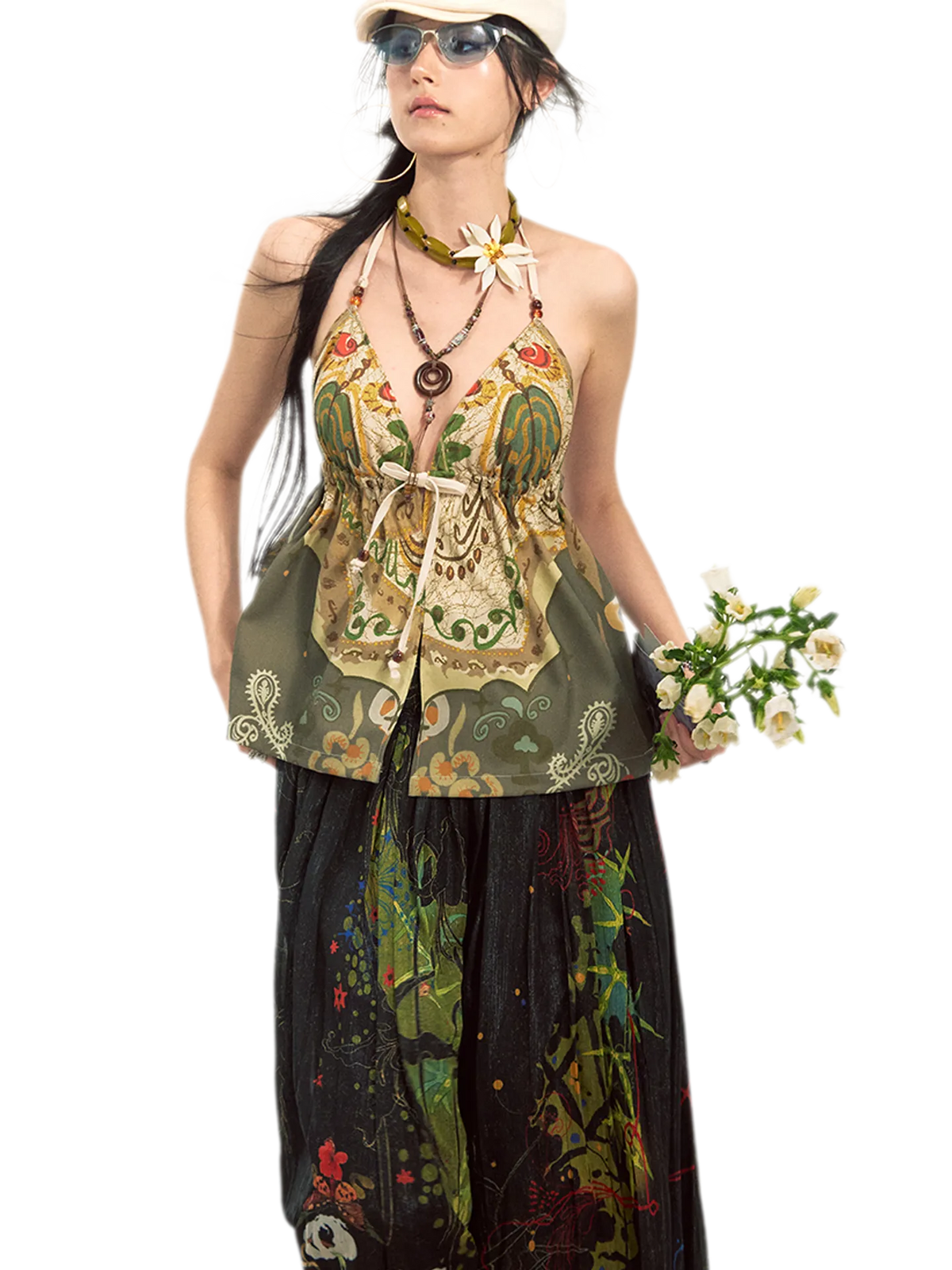 She Island Bohemian Halter Tie-Back Printed Crop Top