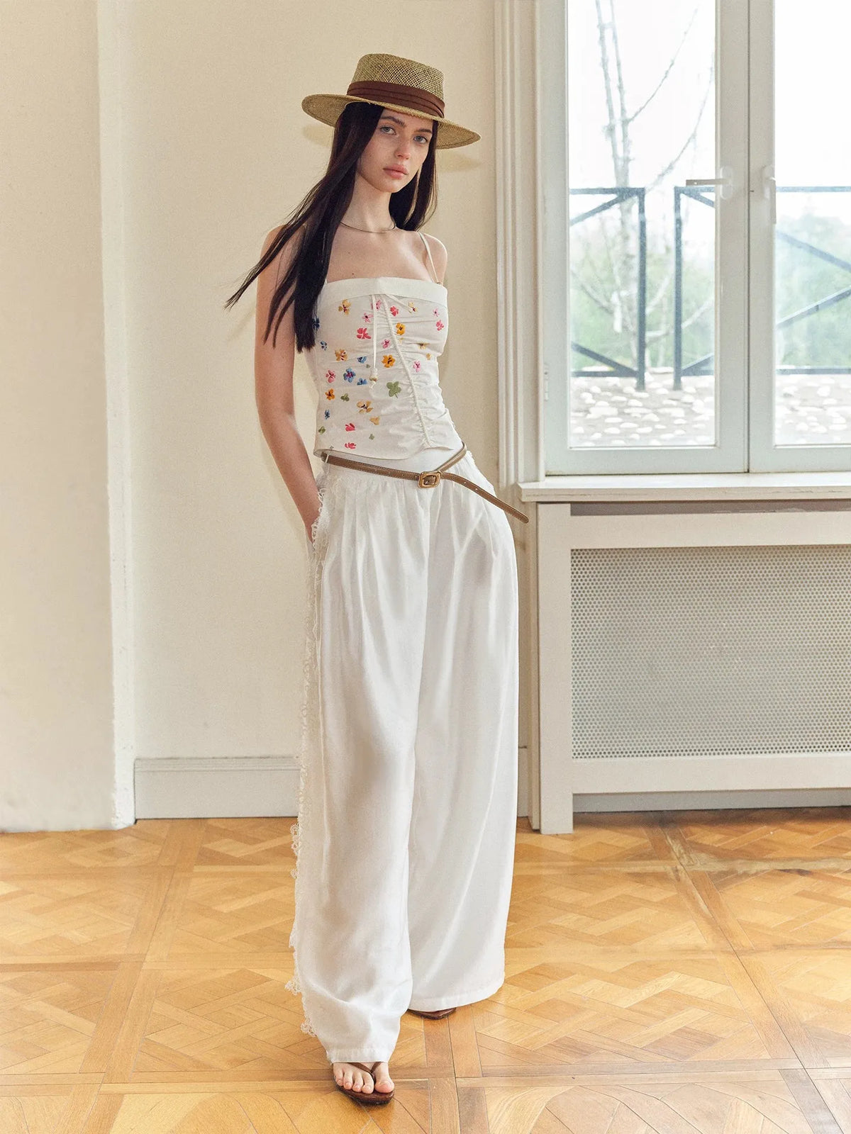 Summer Tencel Wide-Leg Pants with Lace Trim