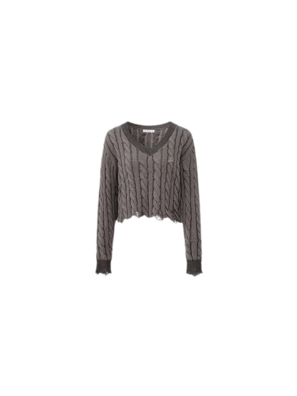 Distressed Cable Knit V-Neck Sweater