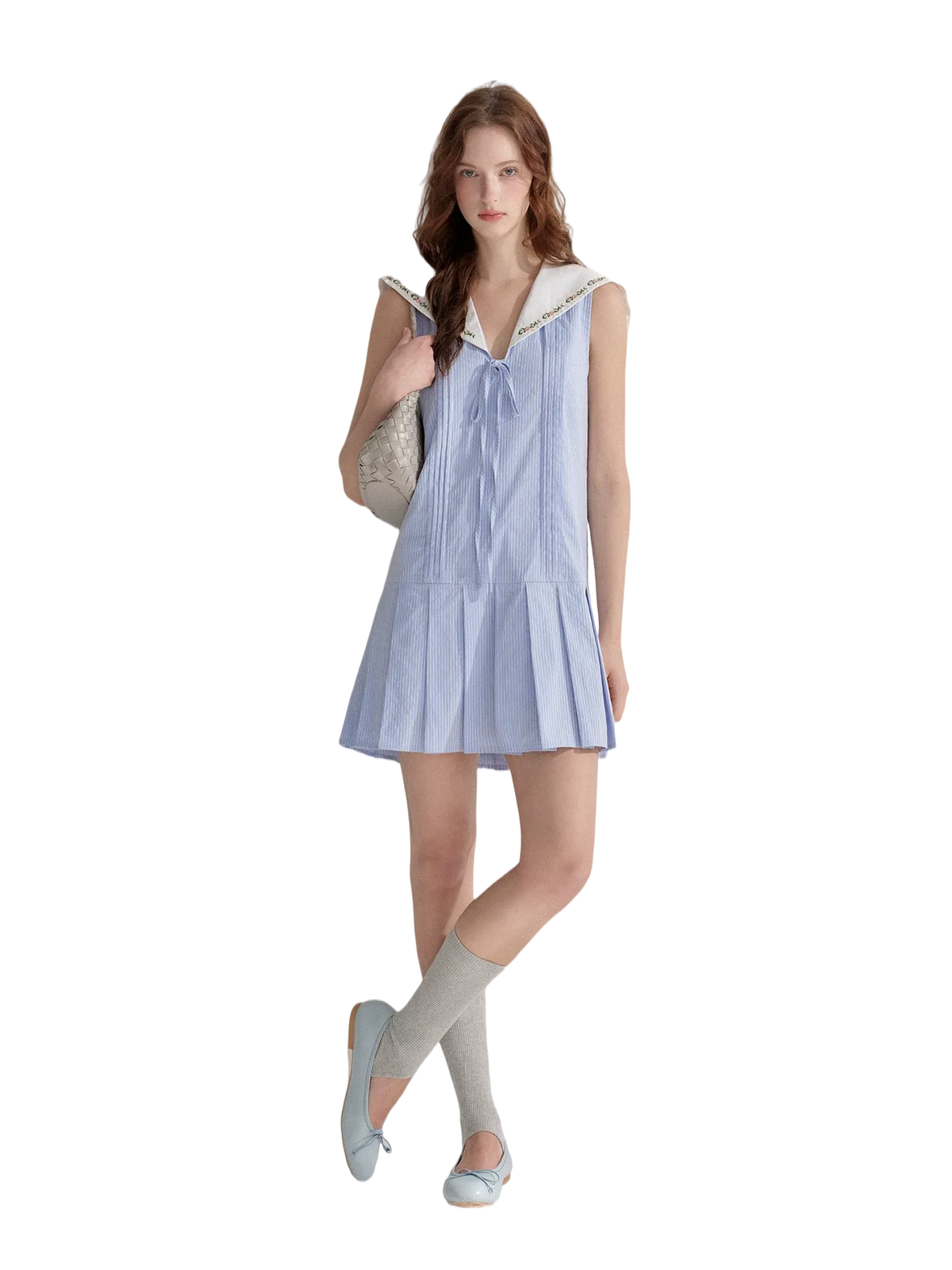Embroidered Blue Striped Sailor Collar Pleated Dress