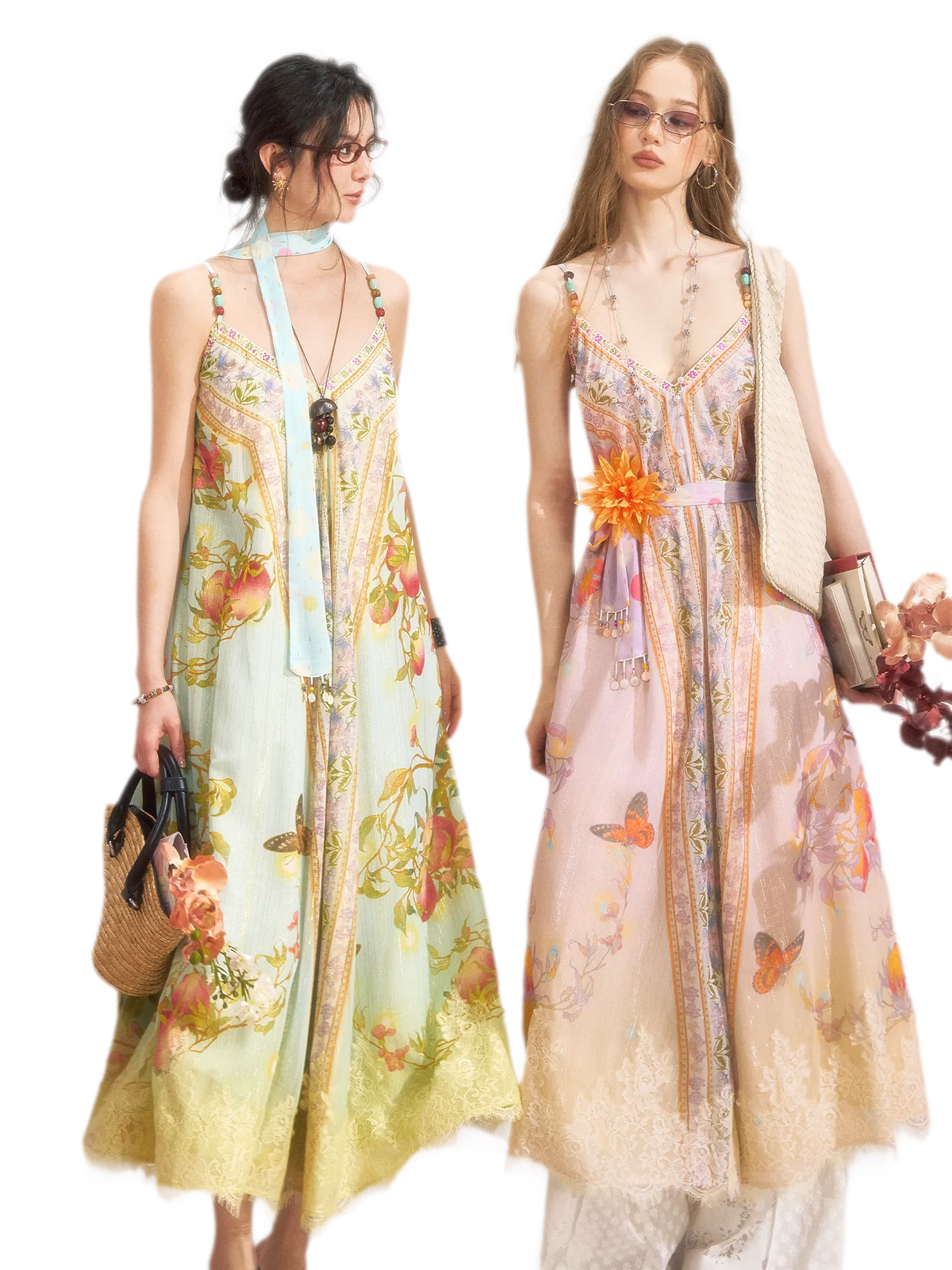Peach Branch Print Metallic Chiffon Dress