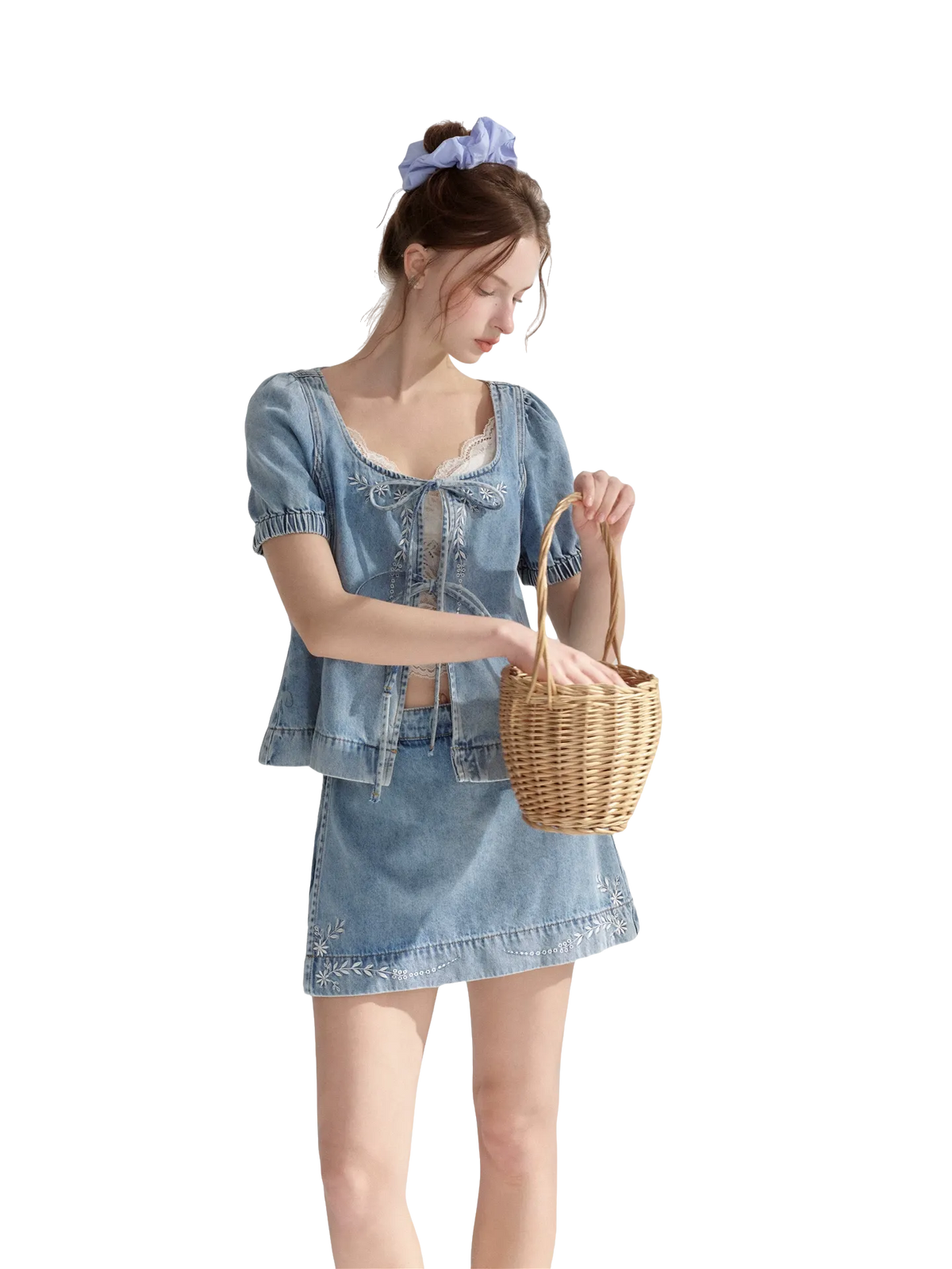 Floral Embroidered Tie Denim Top & Skort Set