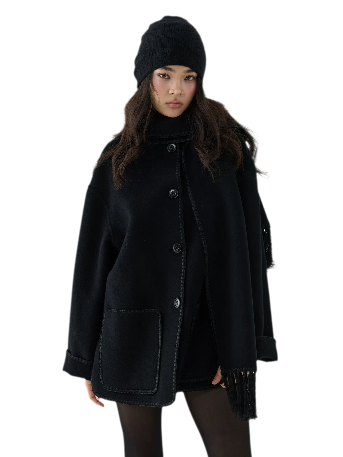 Double-Faced Wool Fringe Cape Coat