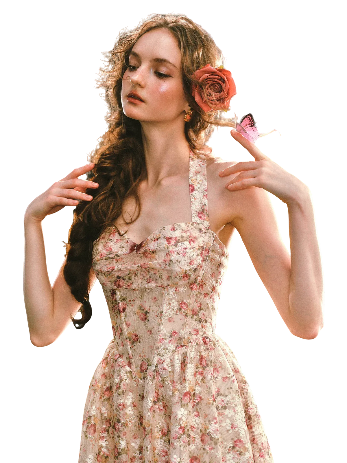 Forest Rose French Retro Floral Halter Long Dress