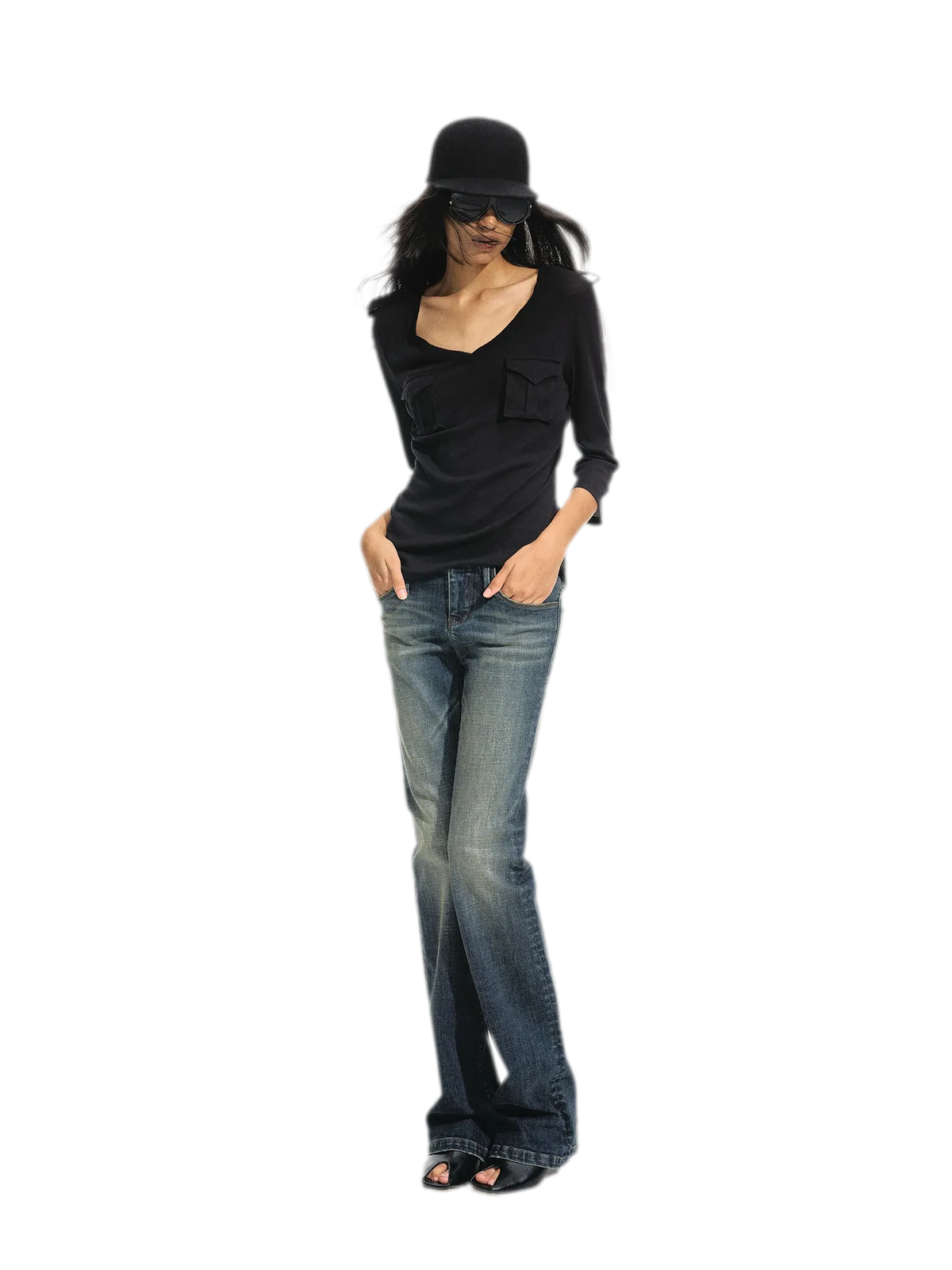 Washed Low-Rise Flare Jeans