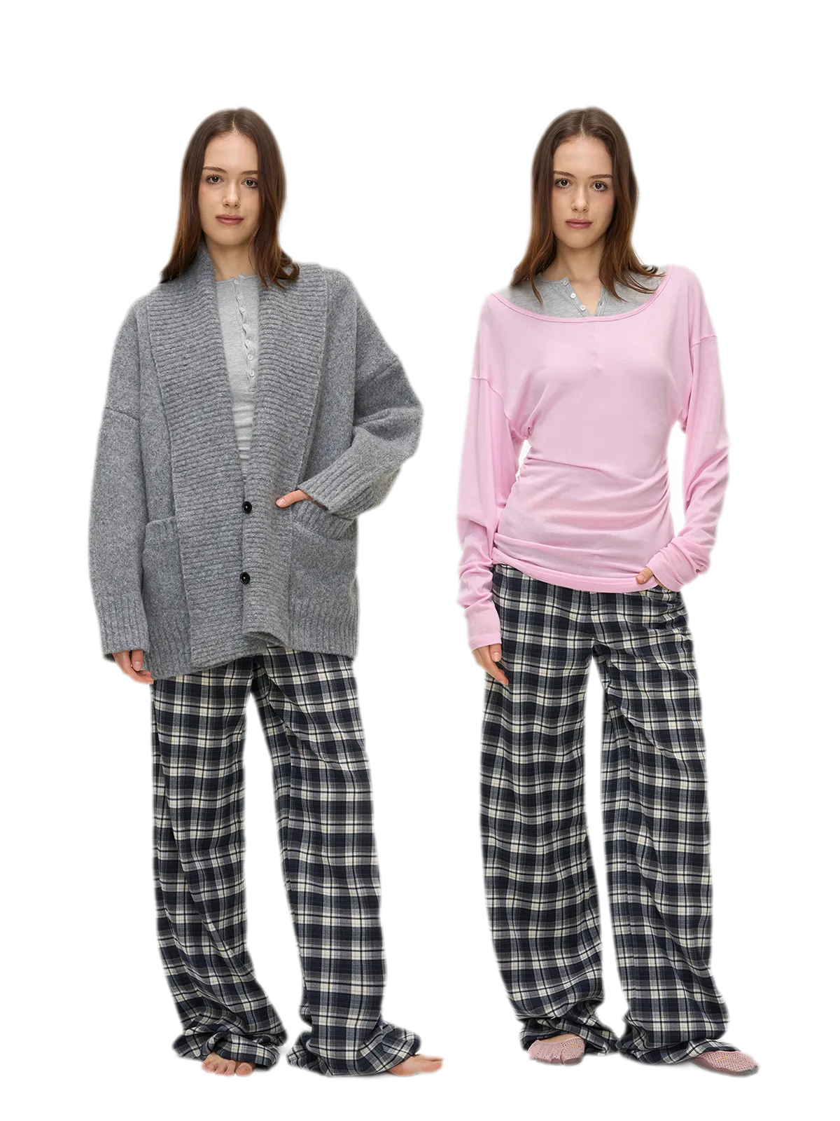 Brushed Plaid Wide-Leg Pants