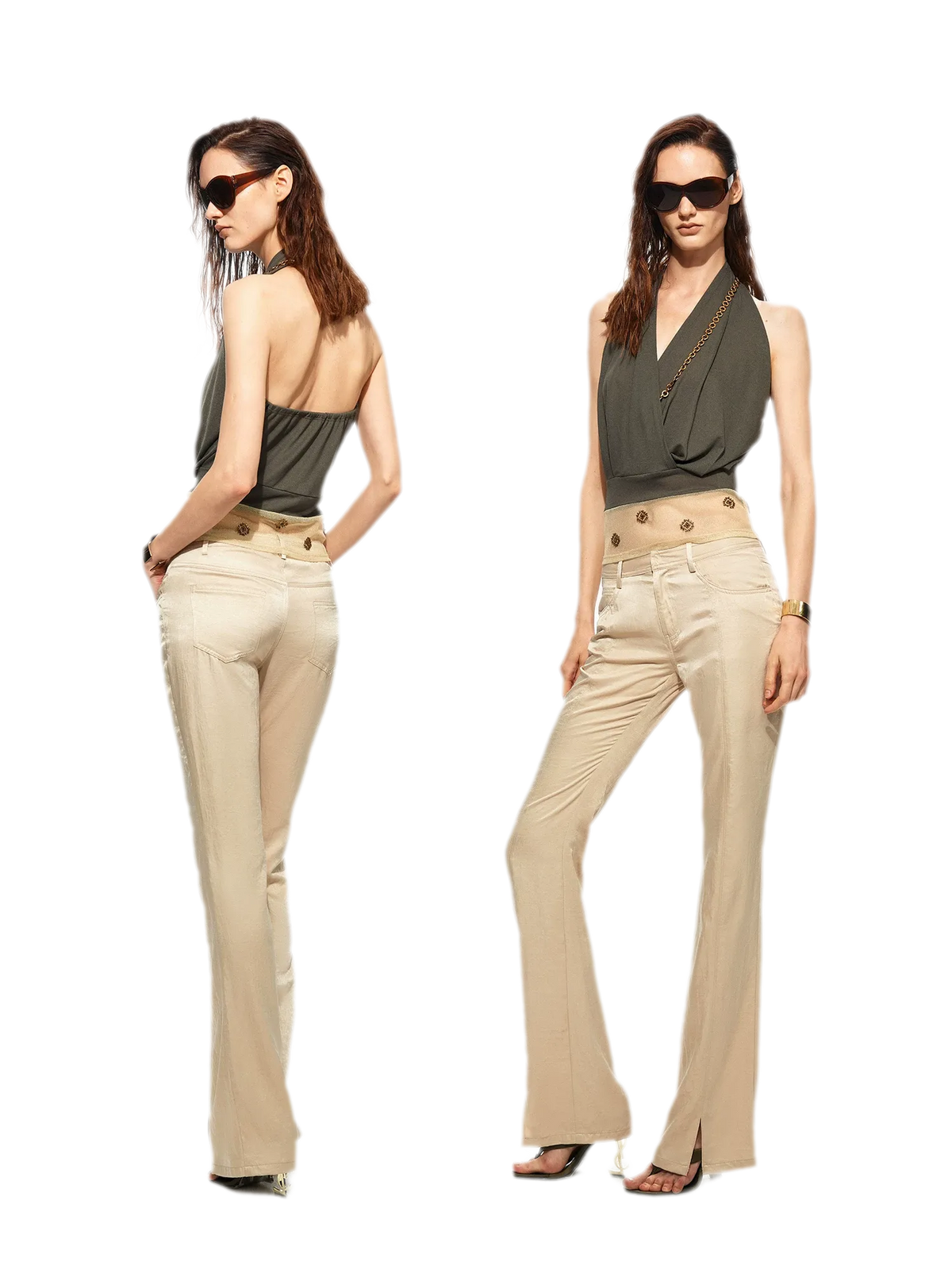 Lustrous Front-Slit Flare Pants