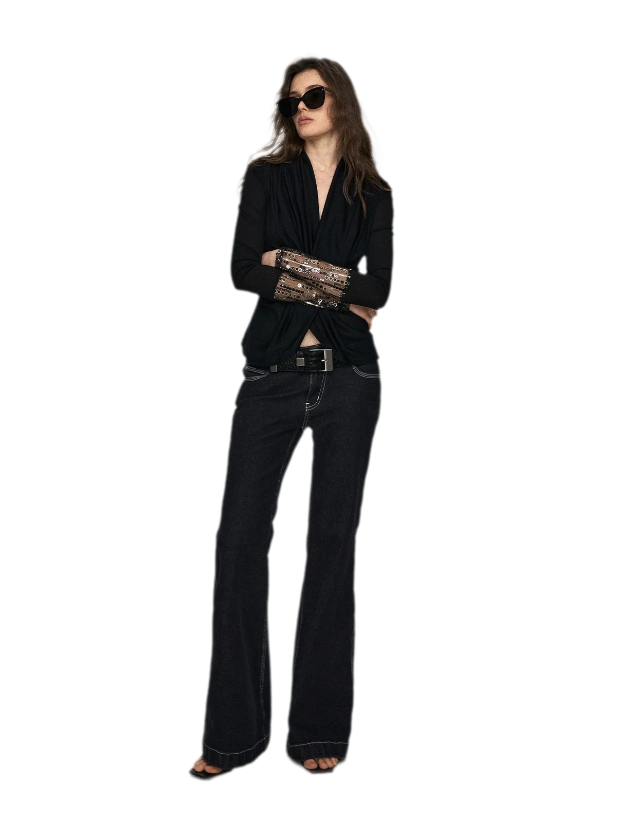 Embroidered Acetate Silk Cross-Knot Long Sleeve T-Shirt