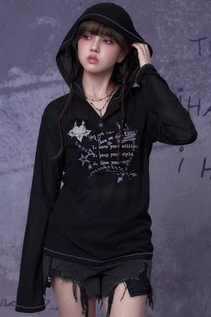 Mesh Graffiti Print Hooded Top Set-Up