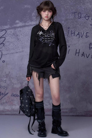 Mesh Graffiti Print Hooded Top Set-Up