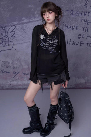 Mesh Graffiti Print Hooded Top Set-Up