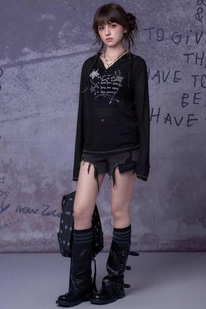 Mesh Graffiti Print Hooded Top Set-Up