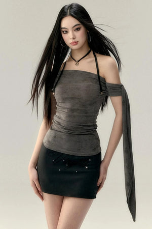 Mesh Off-Shoulder Ribbon Camisole Top