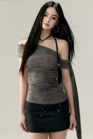 Mesh Off-Shoulder Ribbon Camisole Top