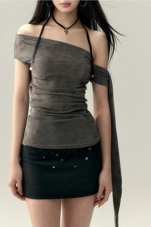 Mesh Off-Shoulder Ribbon Camisole Top