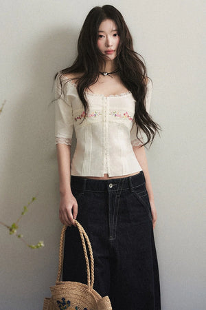 Mid-Sleeve Lace-Trimmed Embroidered Top