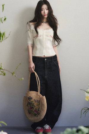 Mid-Sleeve Lace-Trimmed Embroidered Top