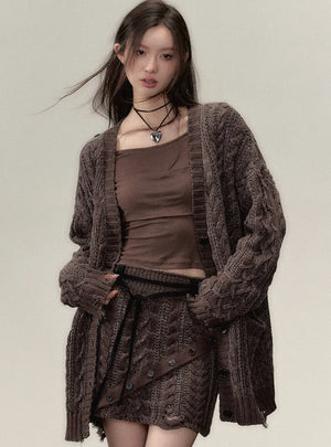 Midi slouchy knitted cardigan with skirt set
