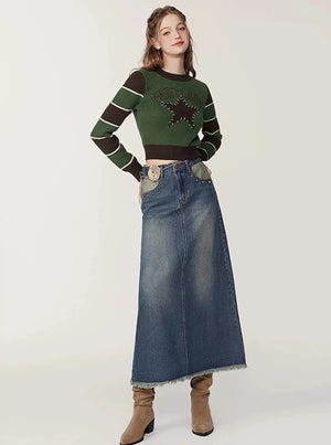 Midi Washed Denim A-Line Skirt