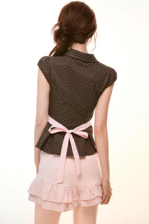 Milk Coffee Vintage Bow-Tie Top Skirt Set-Up
