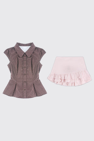 Milk Coffee Vintage Bow-Tie Top Skirt Set-Up