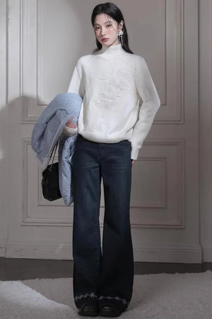 Milky White Floral Wool Sweater