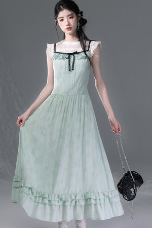 Mint Green Lace Spliced Camisole and Dress Set