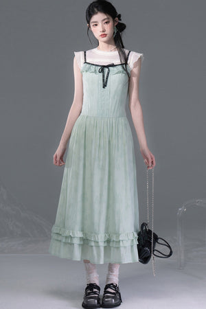 Mint Green Lace Spliced Camisole and Dress Set