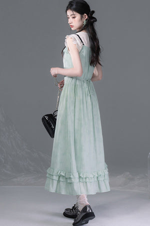 Mint Green Lace Spliced Camisole and Dress Set